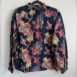 NWT! Tibi Size XS • Navy Blue Floral Paisley Print Top Long Sleeve Cotton.